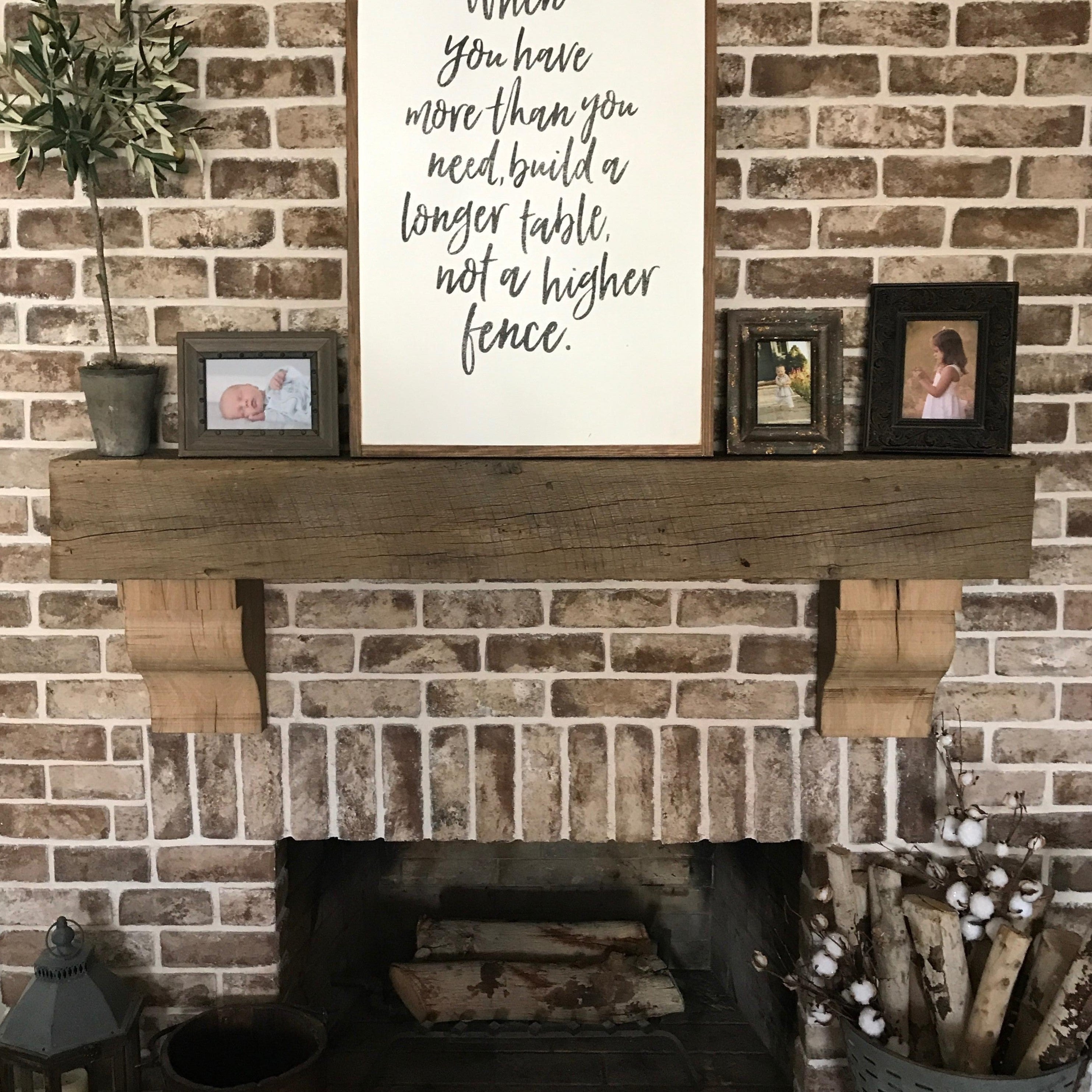 Rough Sawn Reclaimed Wood Mantel with Reclaimed Wood Corbels