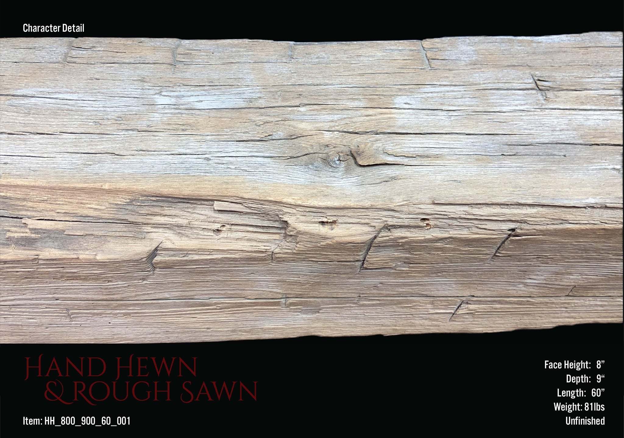 5 Foot Hand Hewn Reclaimed Barn Wood Solid Mantel Beam Character Detail